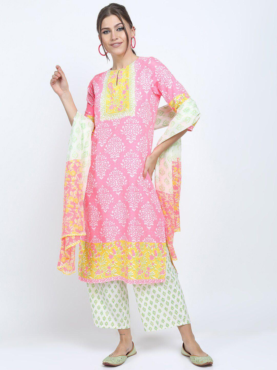 vishudh women pink floral printed kurta with palazzos & with dupatta