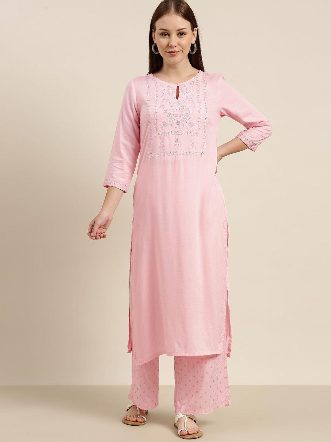 vishudh women pink floral printed pure cotton kurta with palazzos