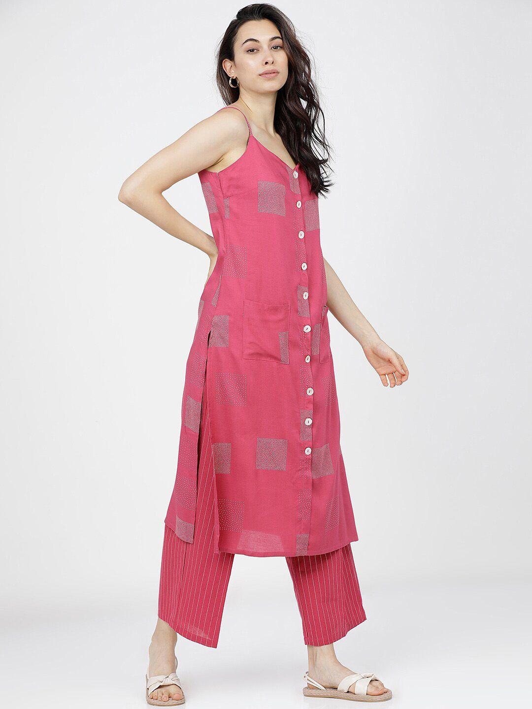 vishudh women pink floral printed regular kurta with palazzos