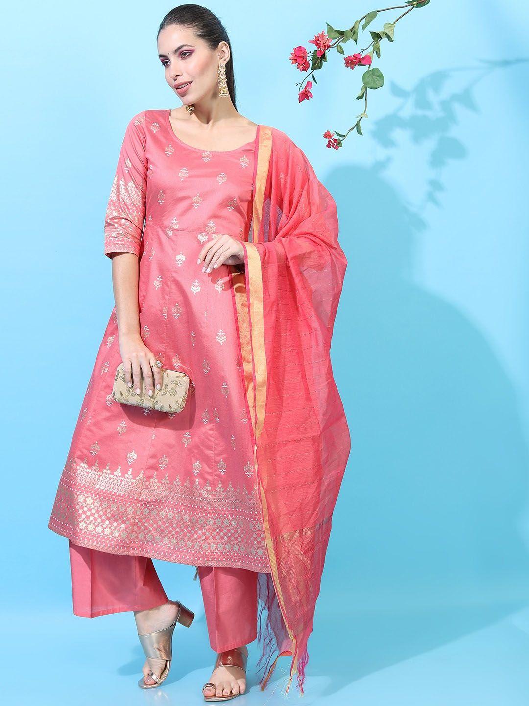 vishudh women pink printed a-line kurta with palazzo and dupatta