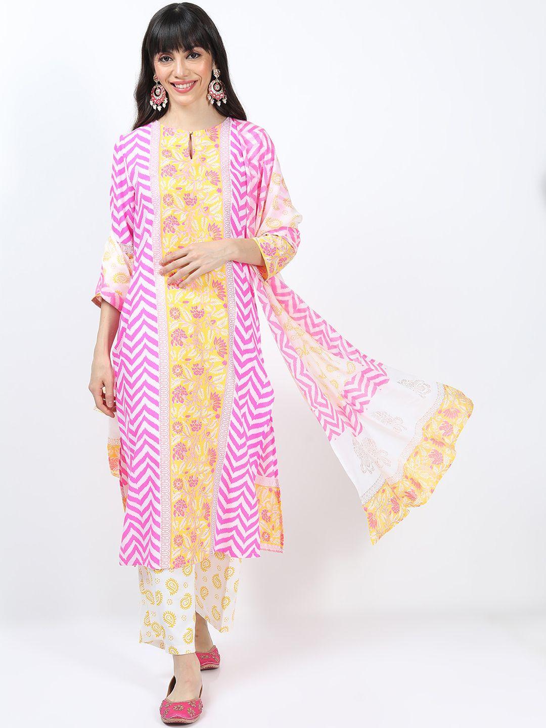 vishudh women pink printed kurta with trousers & with dupatta