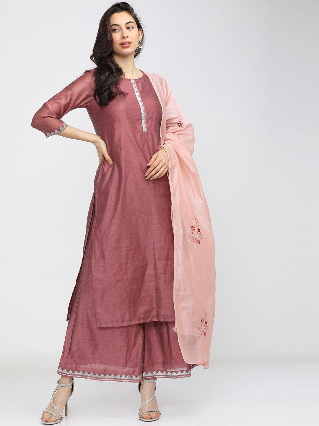 vishudh women pink regular kurta with palazzos & dupatta