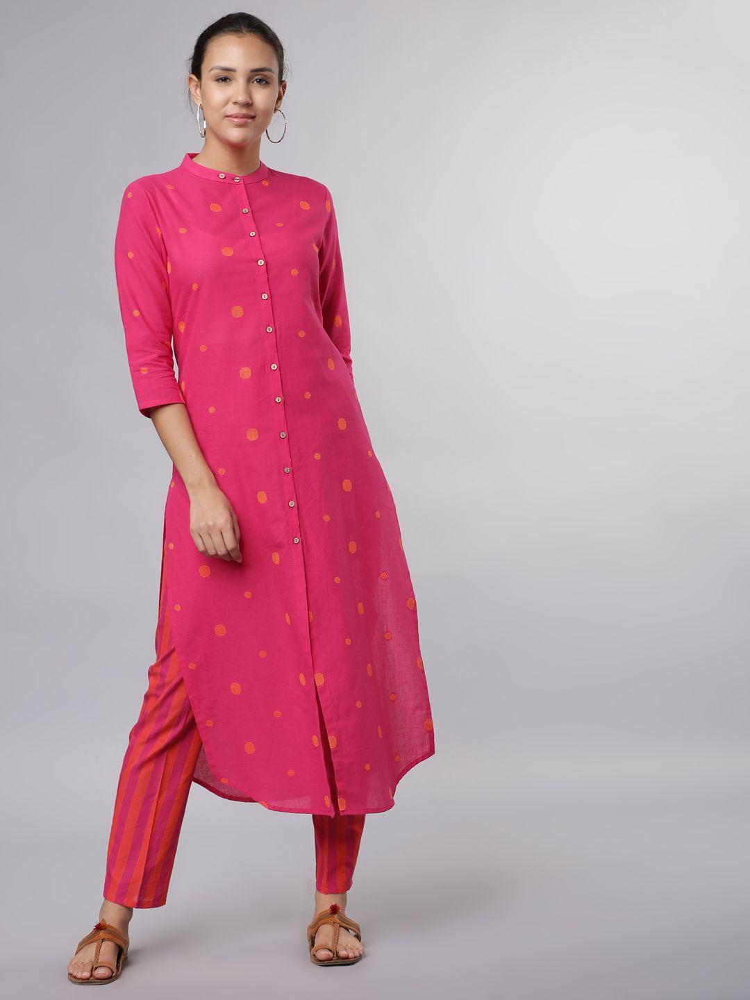 vishudh women pink regular pure cotton kurta with trousers