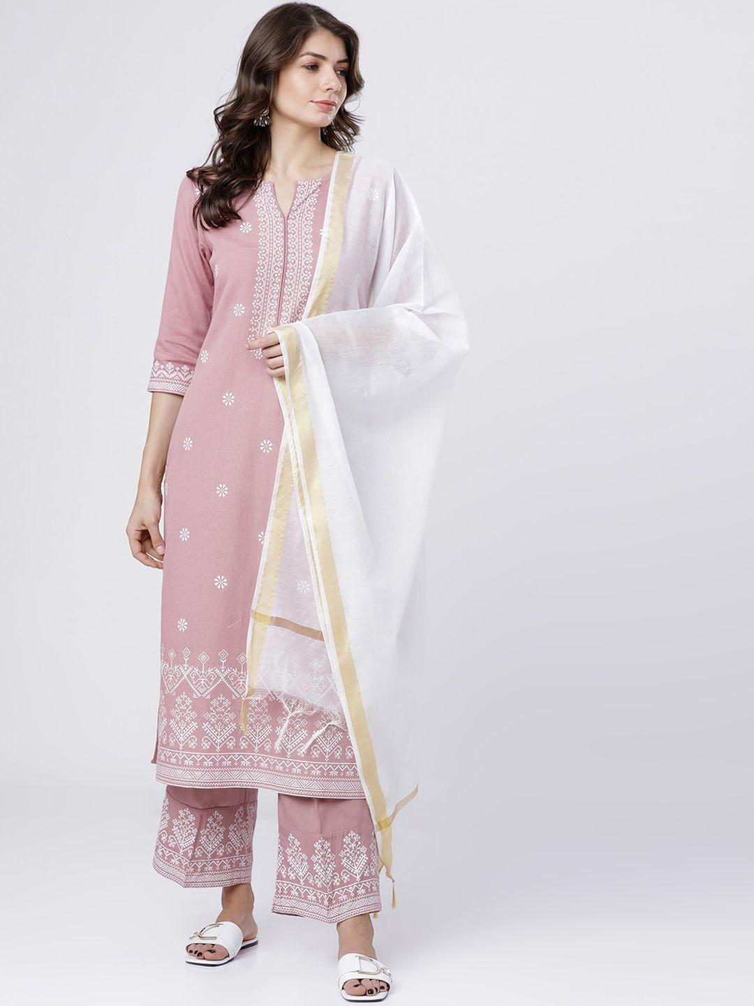 vishudh women pink straight kurta with palazzo and dupatta