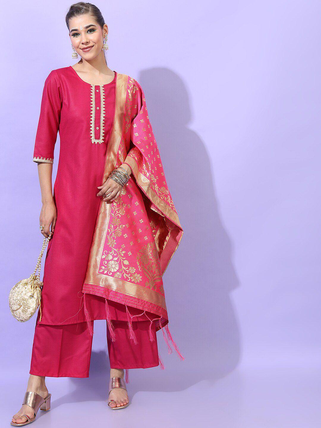 vishudh women pink straight kurti with palazzos & with dupatta