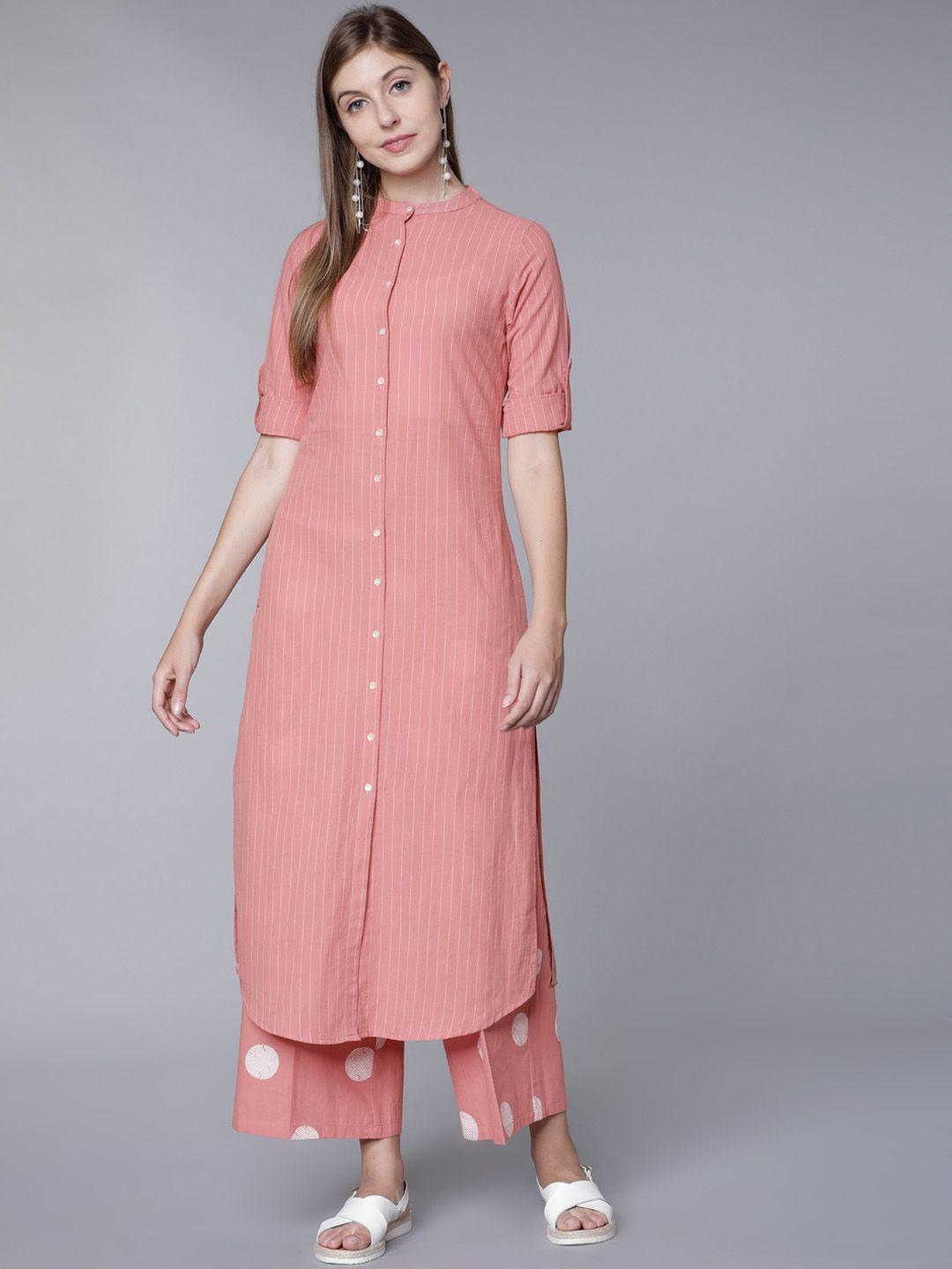 vishudh women pink striped kurta with palazzos