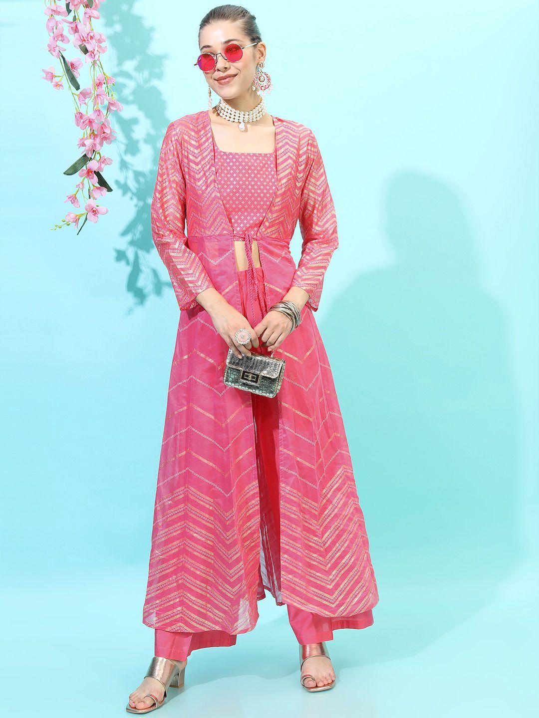 vishudh women pink striped layered kurta with palazzos