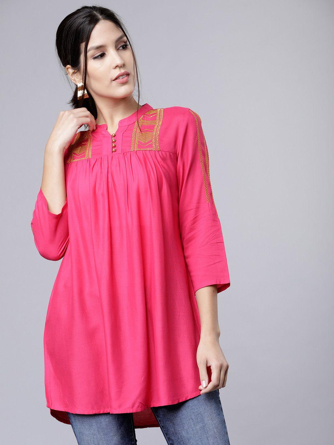 vishudh women pink yoke design a-line kurti