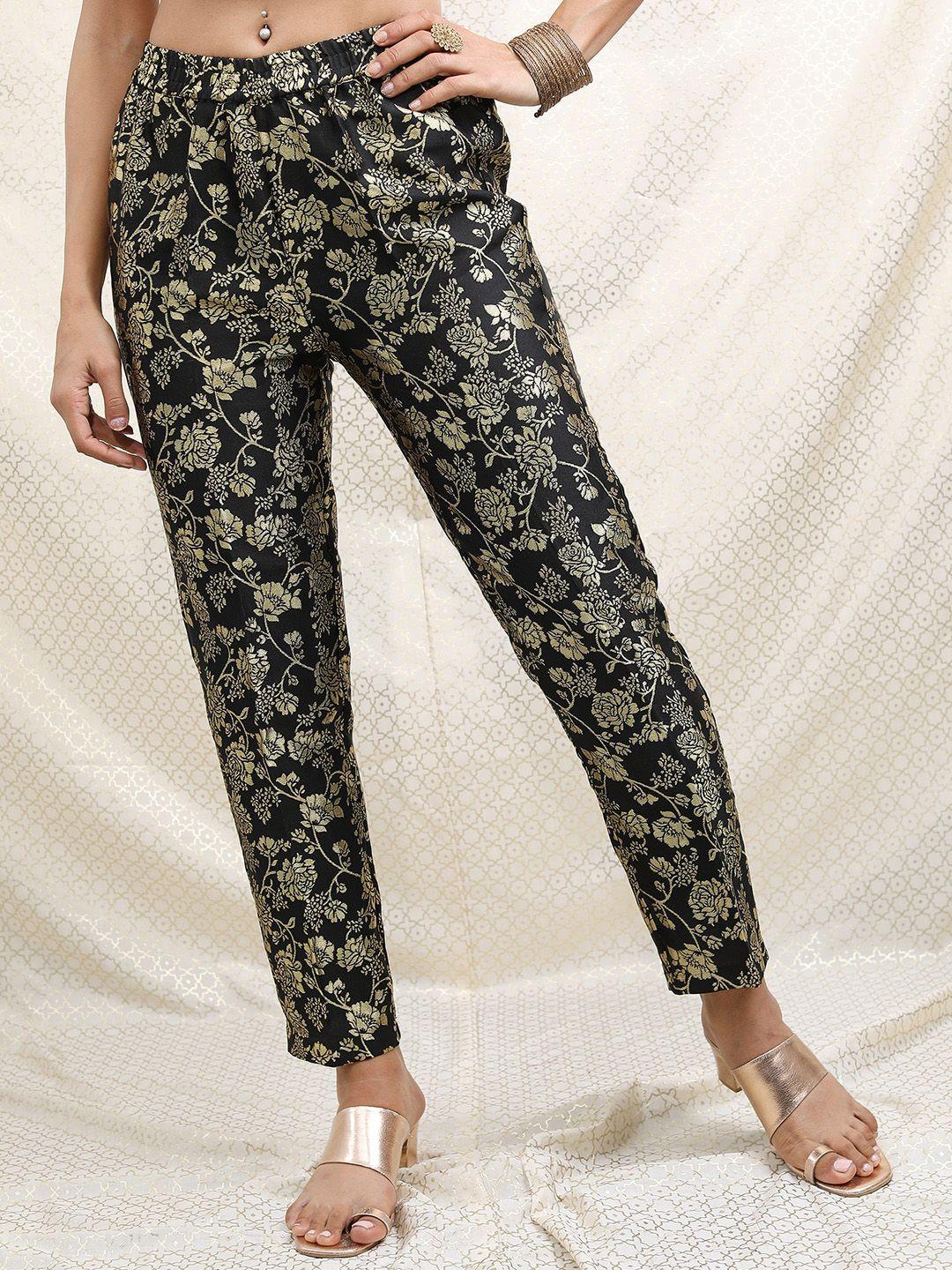 vishudh women poly brocade floral printed pleated trousers