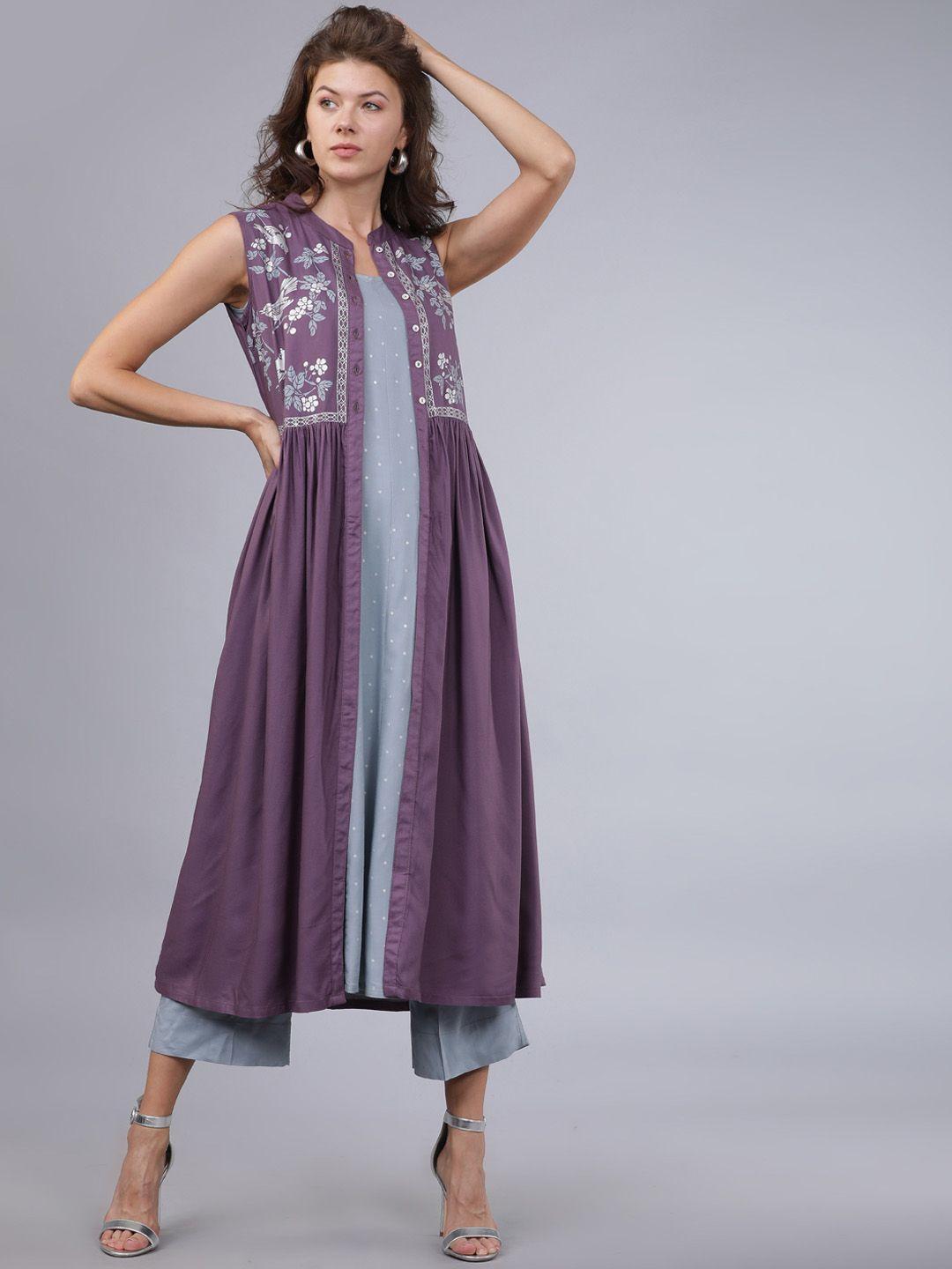 vishudh women purple & grey printed kurta with trousers