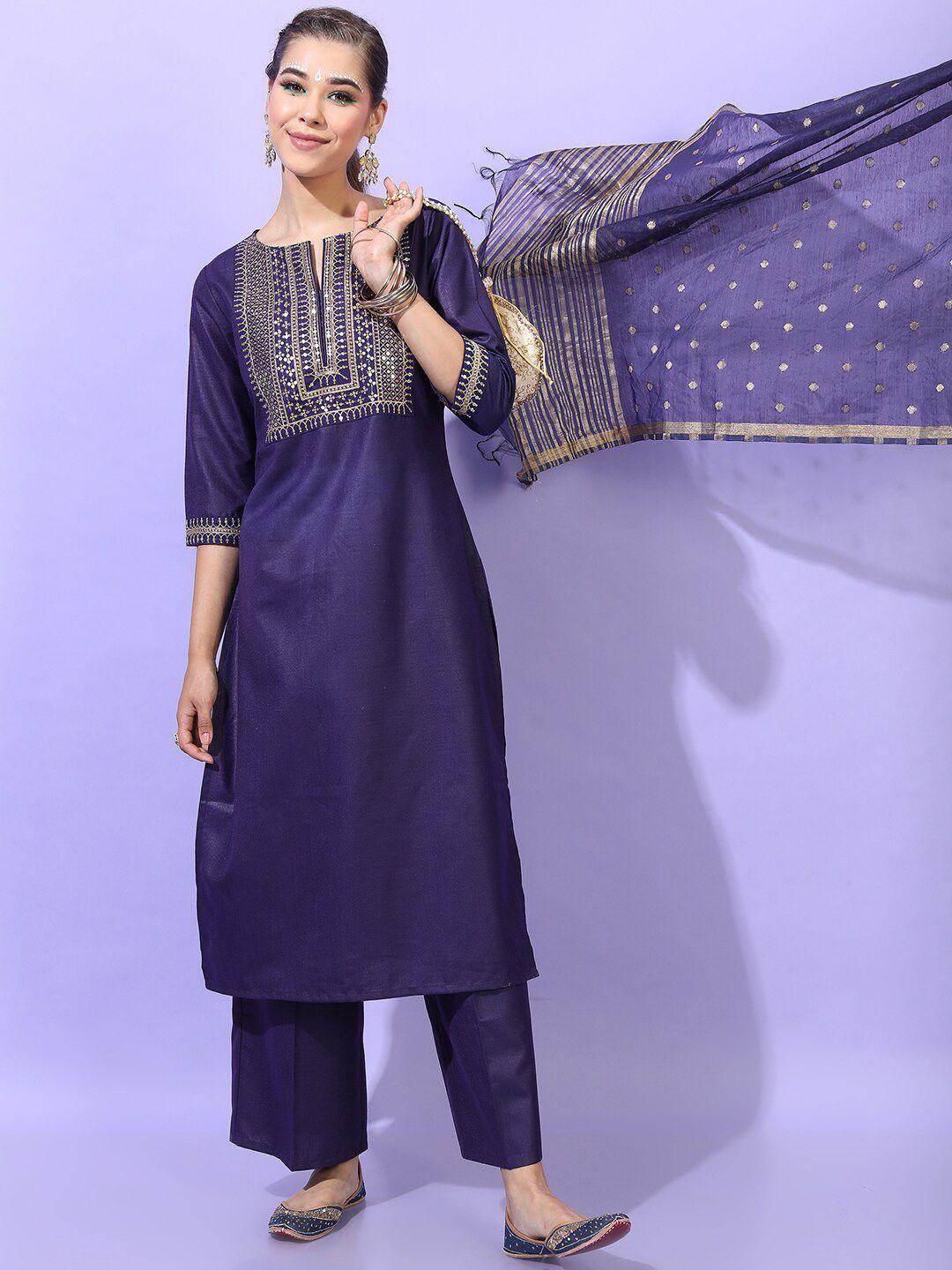 vishudh women purple embroidered kurti with trousers