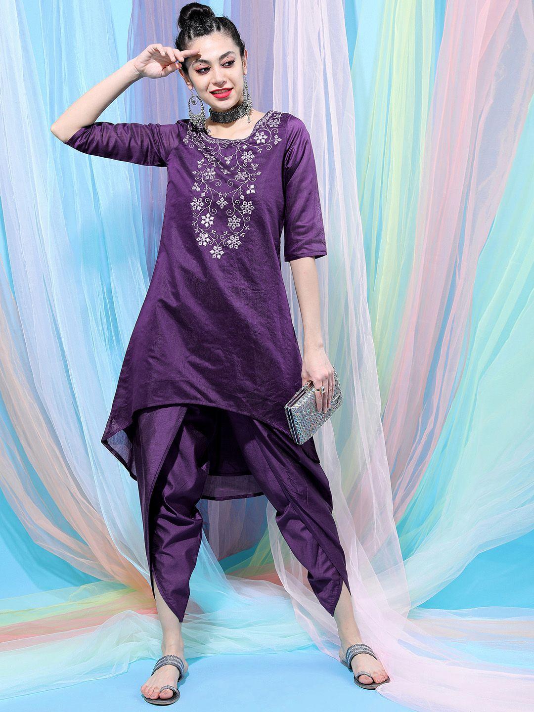 vishudh women purple embroidered mirror work pure cotton kurta with dhoti pant