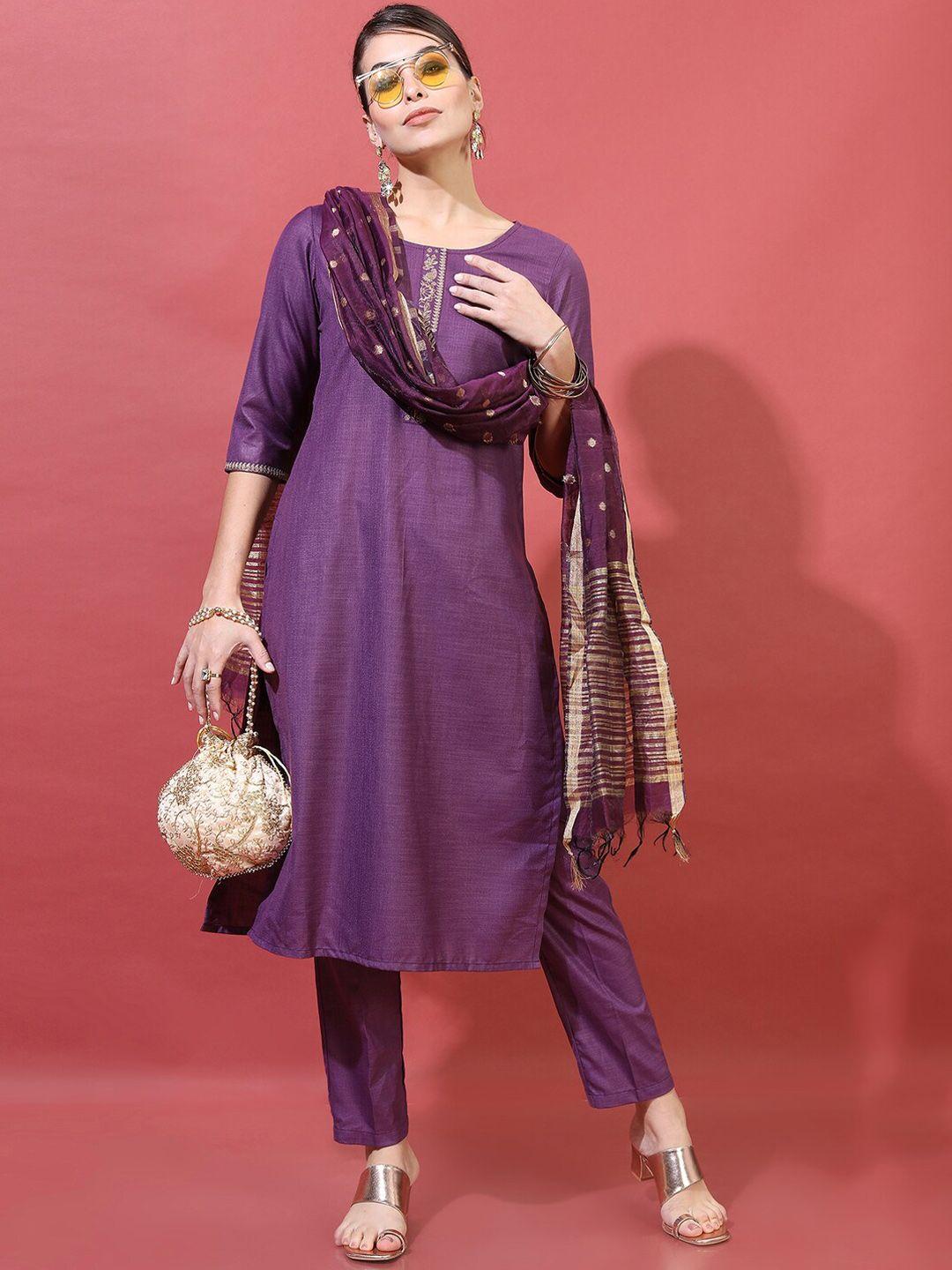 vishudh women purple ethnic straight kurta with trousers & with dupatta