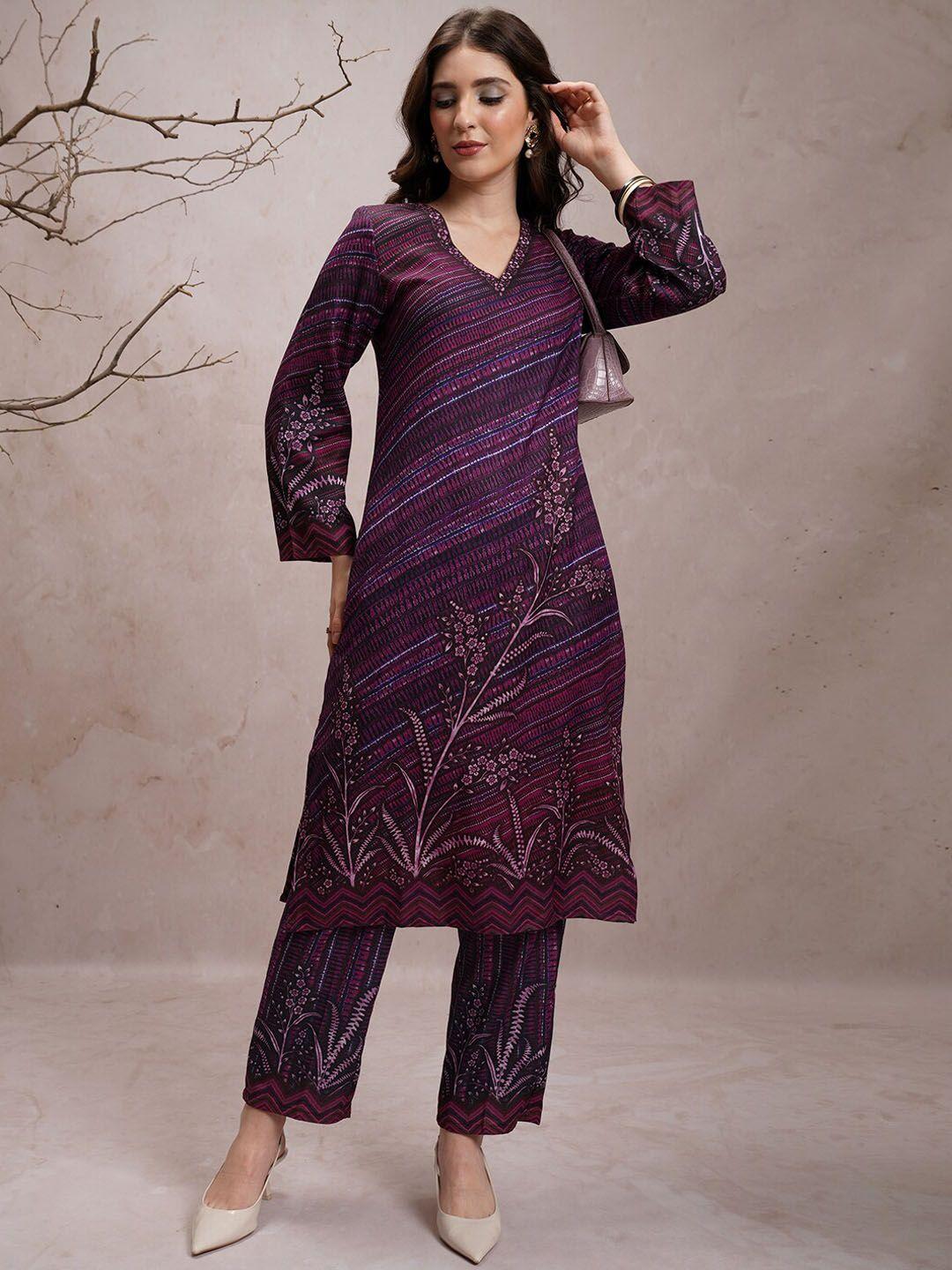 vishudh women purple floral regular kurta with trousers