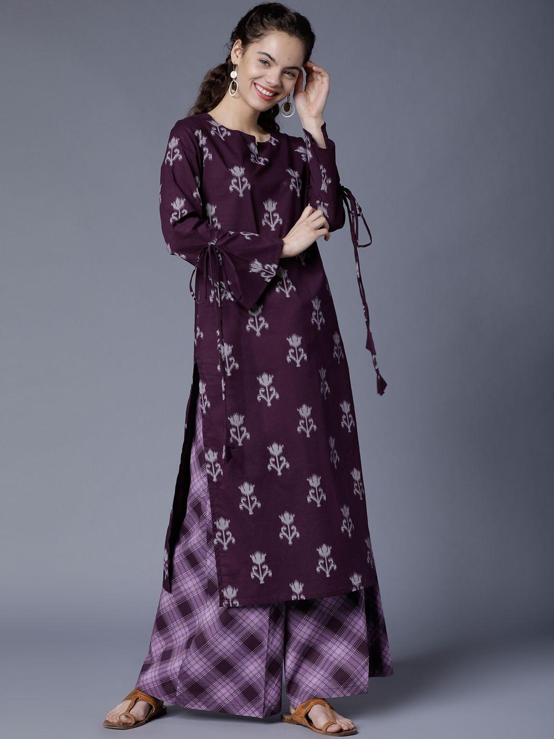 vishudh women purple printed kurta with palazzos
