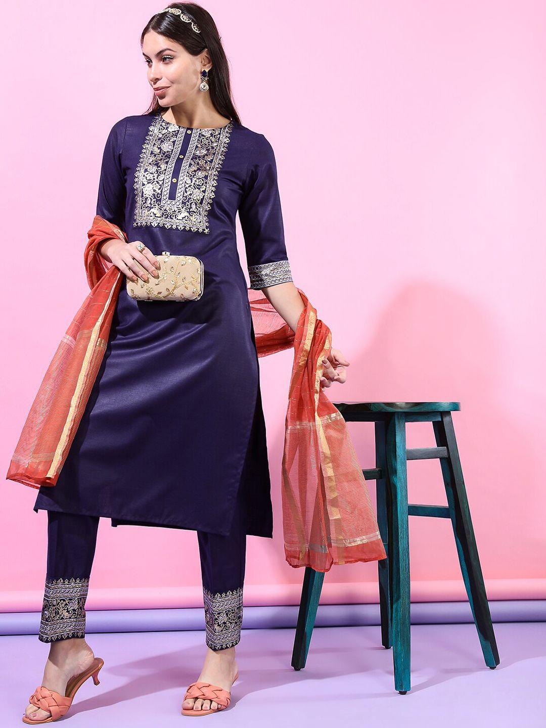 vishudh women purple straight kurti with trousers & with dupatta