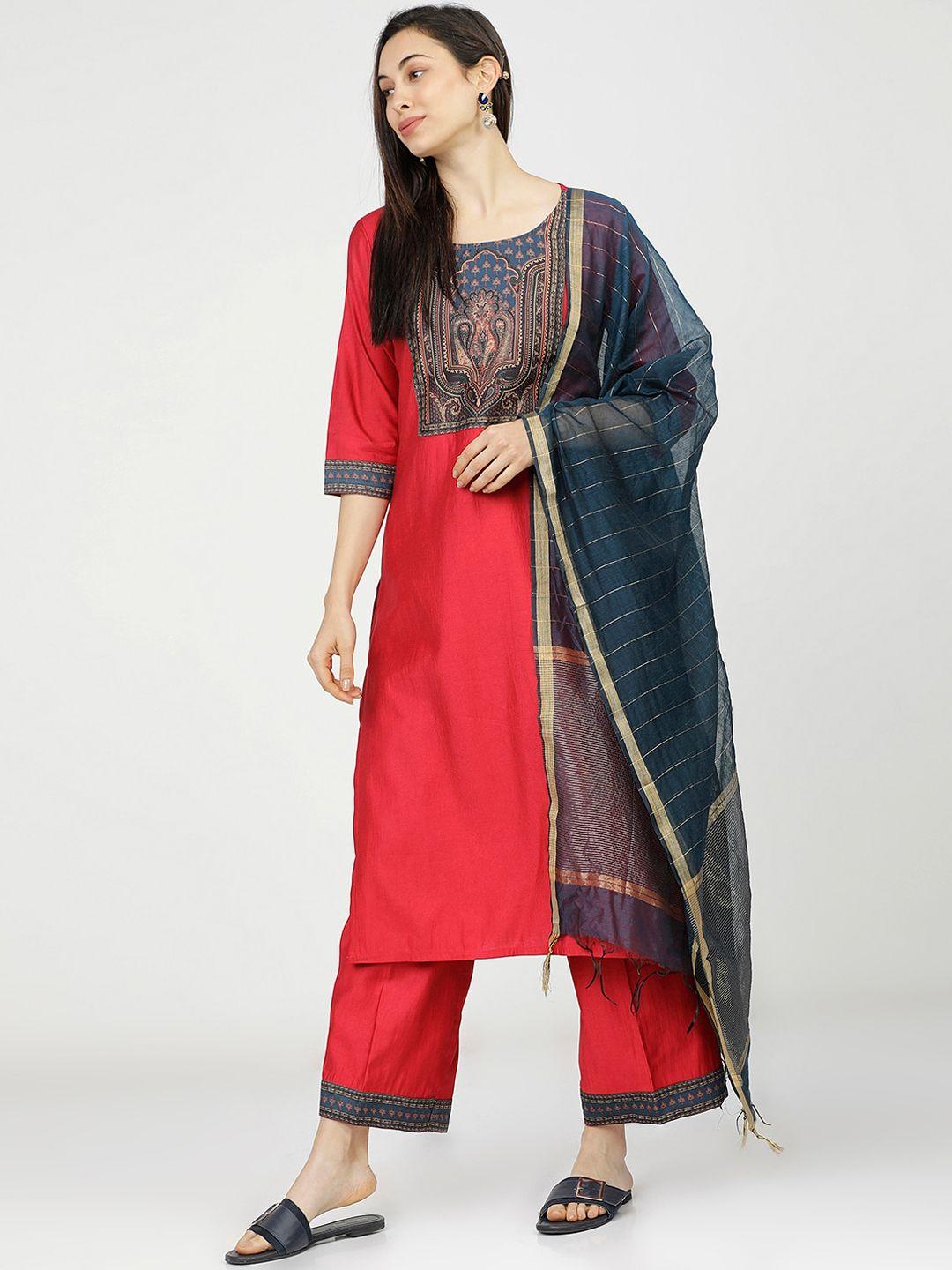 vishudh women red & black ethnic motifs yoke design kurta with trousers & with dupatta