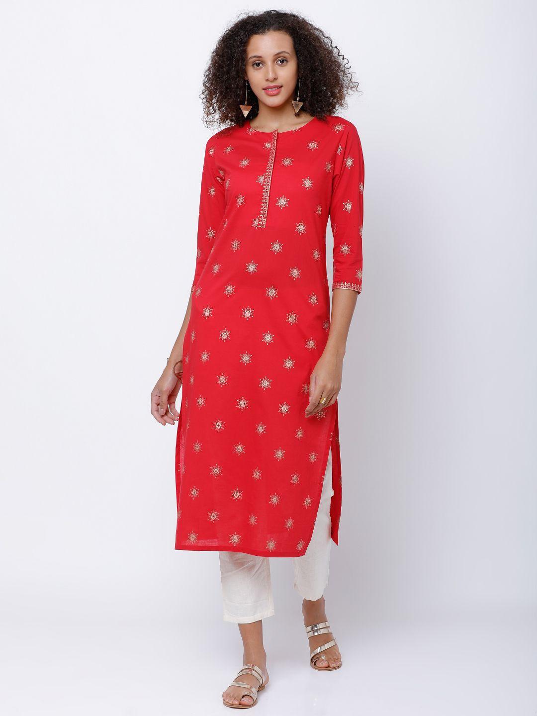 vishudh women red & gold-toned printed straight kurta