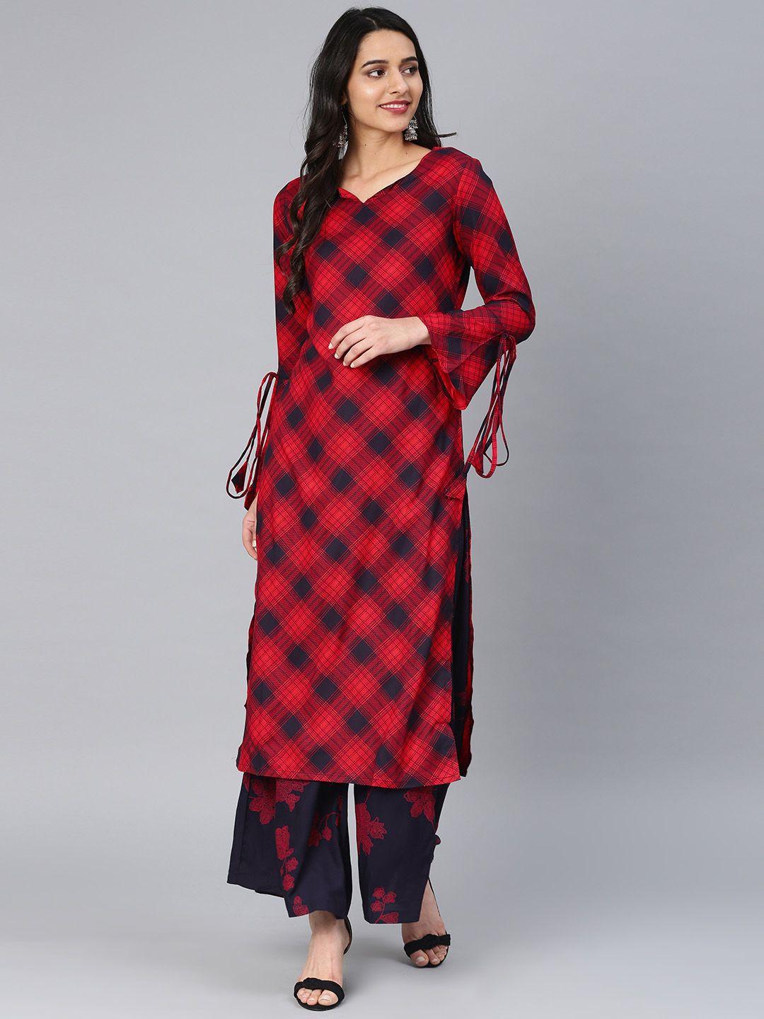 vishudh women red & navy blue checked kurta with palazzos