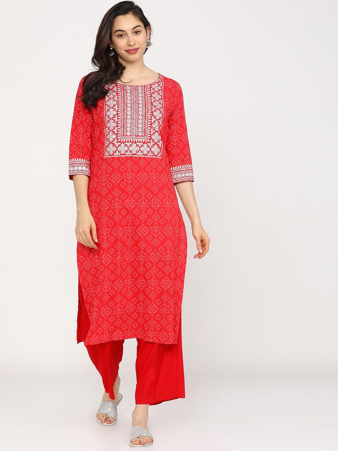vishudh women red & white ethnic motifs yoke design regular kurta with trousers