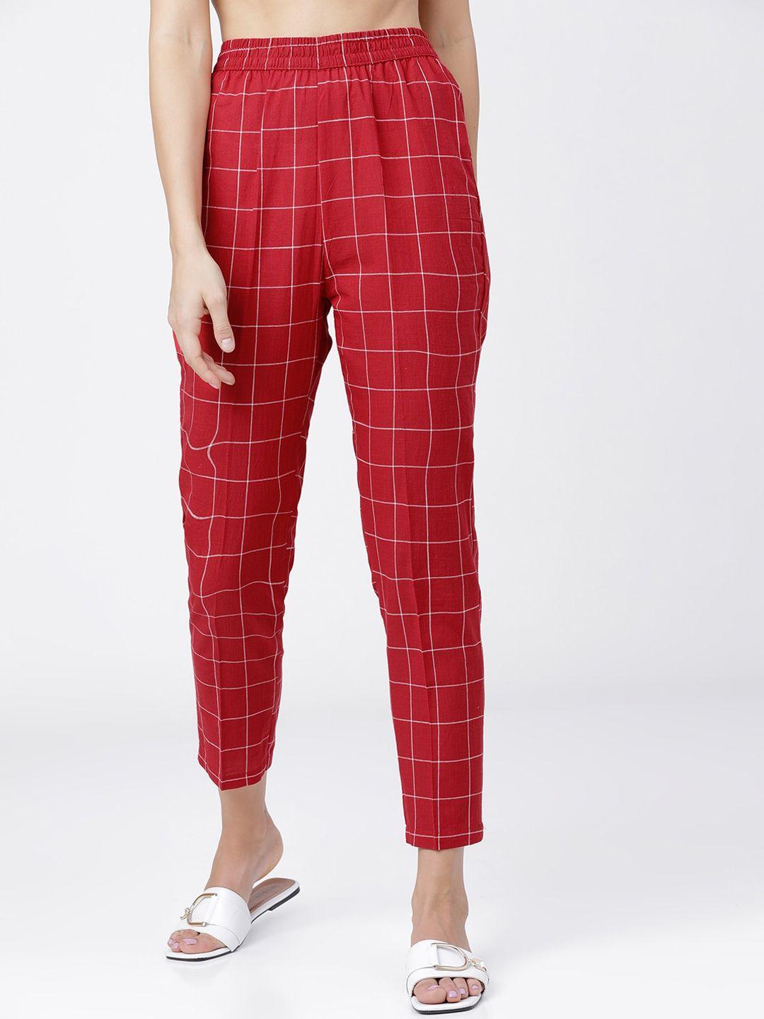 vishudh women red checked cotton trousers