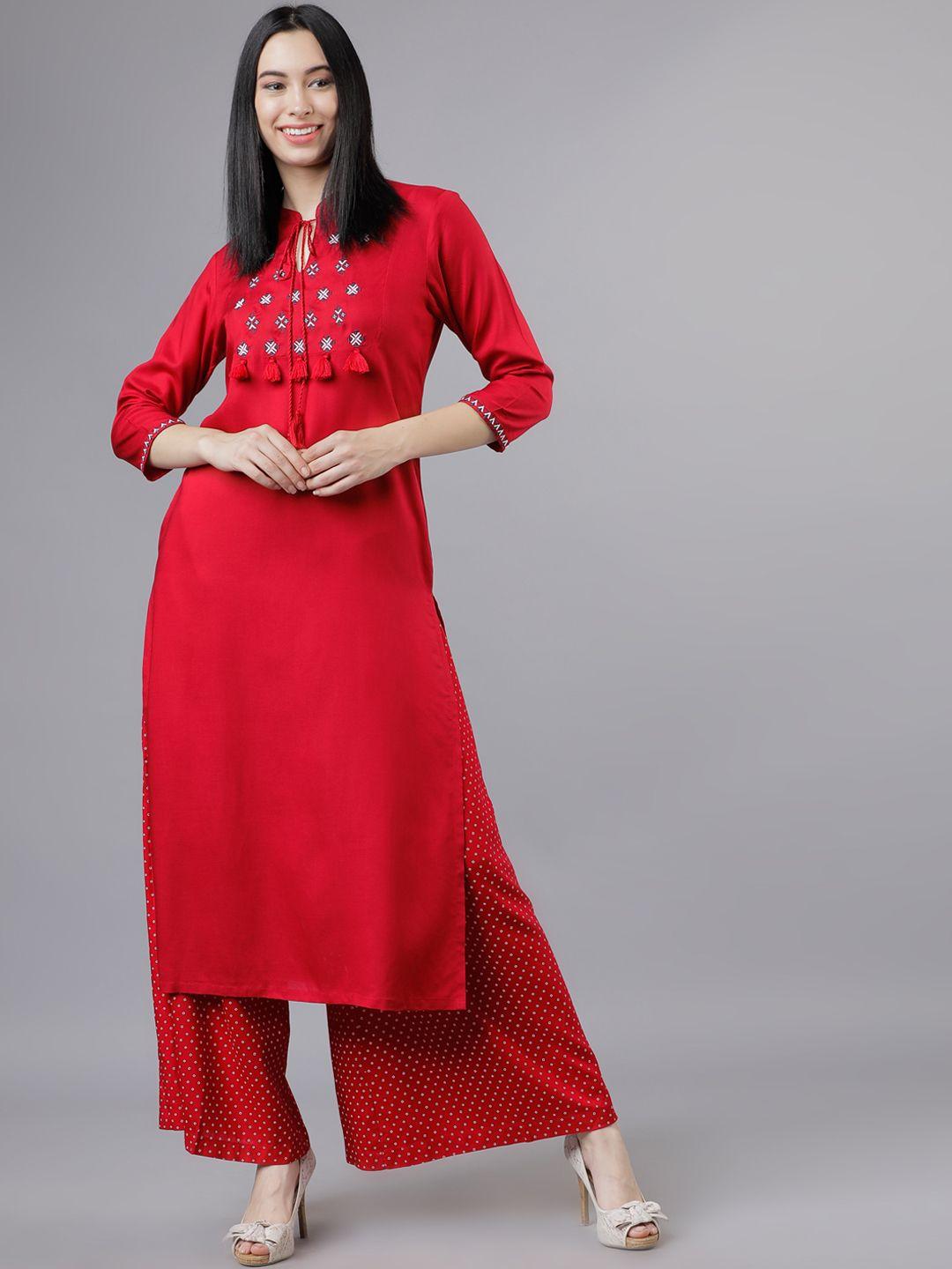 vishudh women red embroidered kurta with palazzos