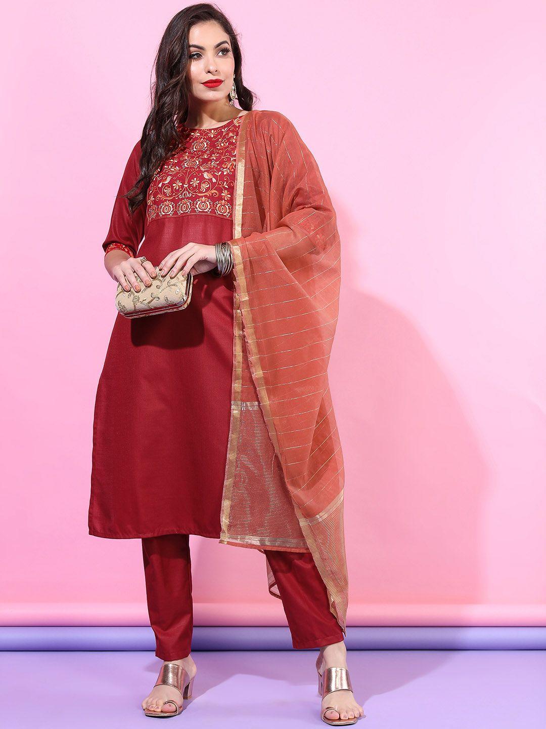 vishudh women red embroidered kurti with trouser & with dupatta