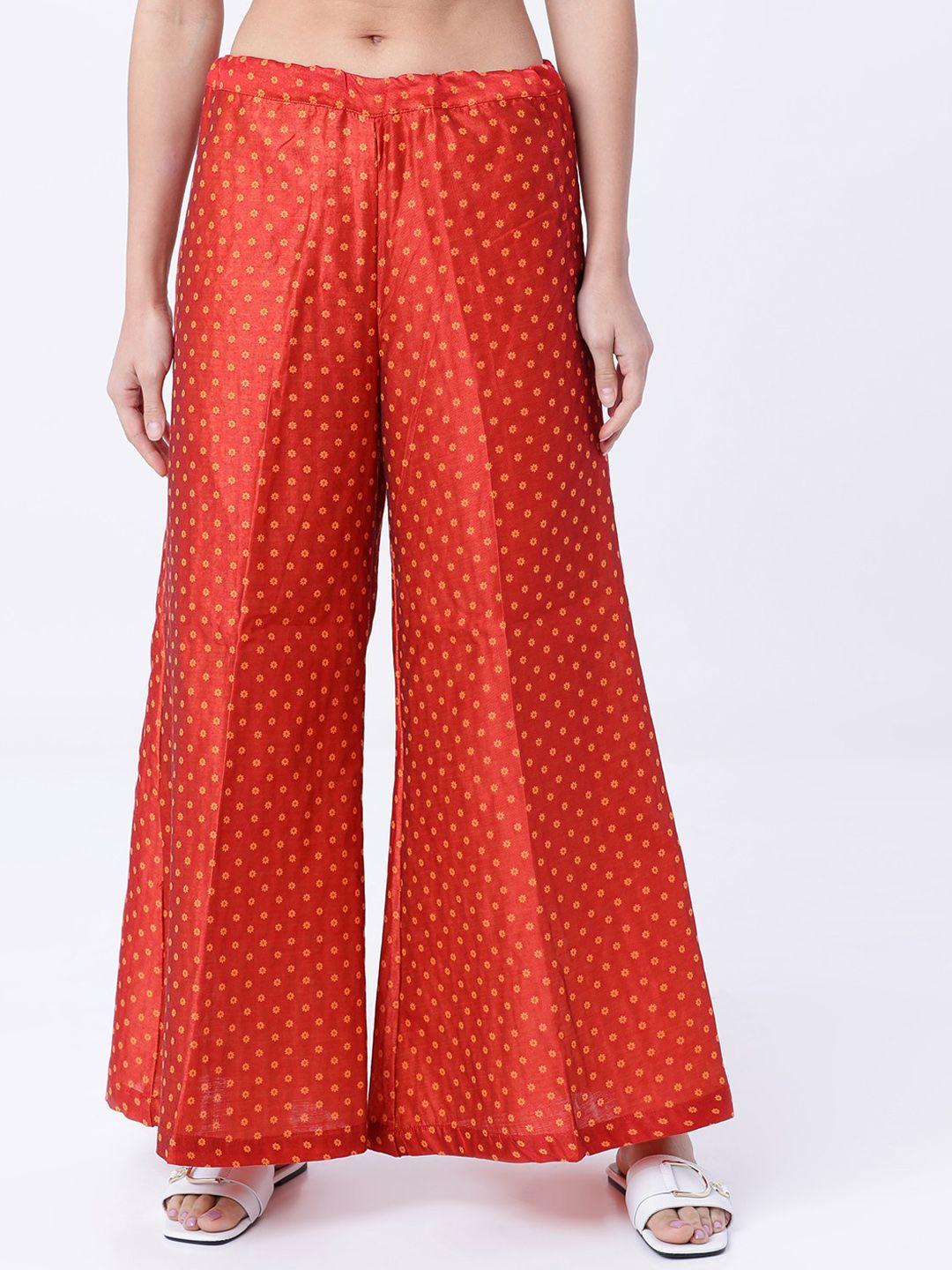 vishudh women red regular fit printed parallel trousers