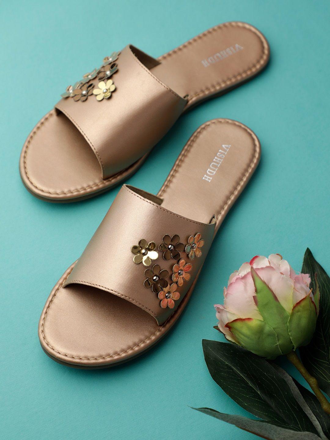 vishudh women rose gold embellished mules flats