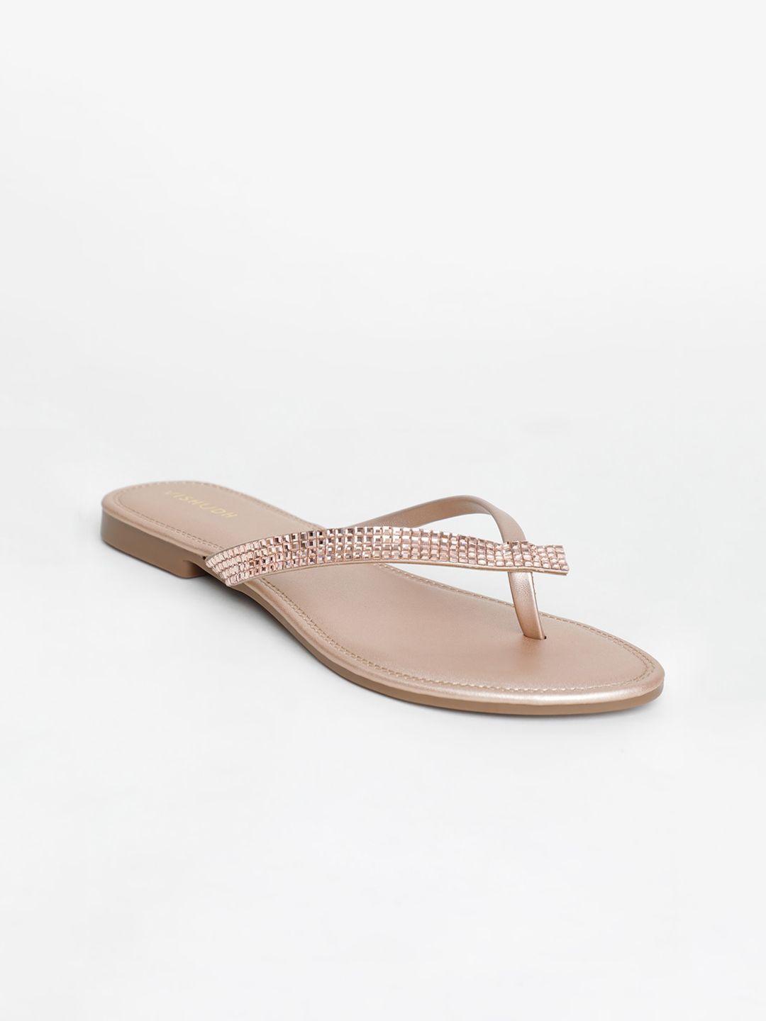 vishudh women rose gold embellished t-strap flats