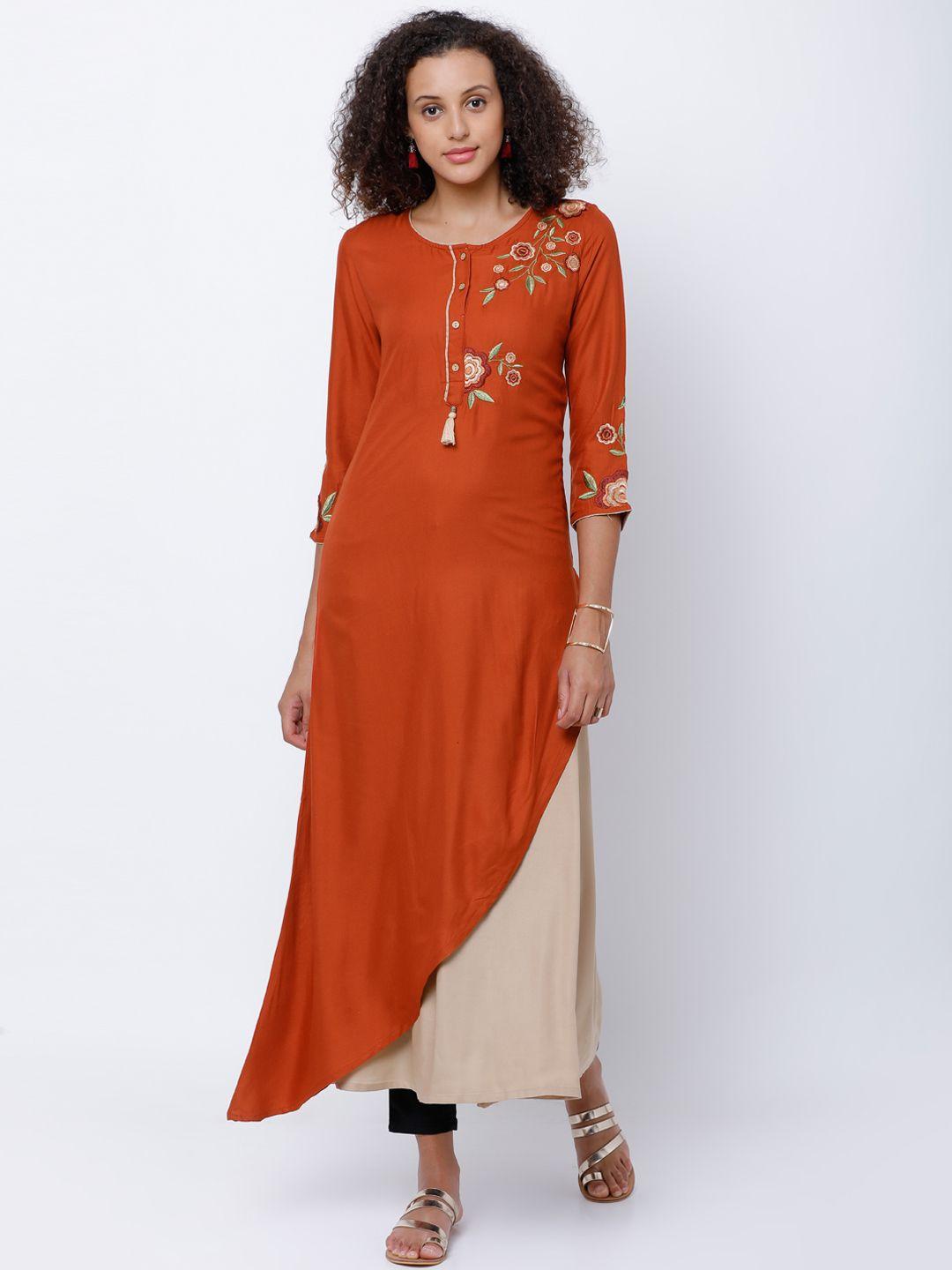 vishudh women rust & beige solid layered a-line kurta