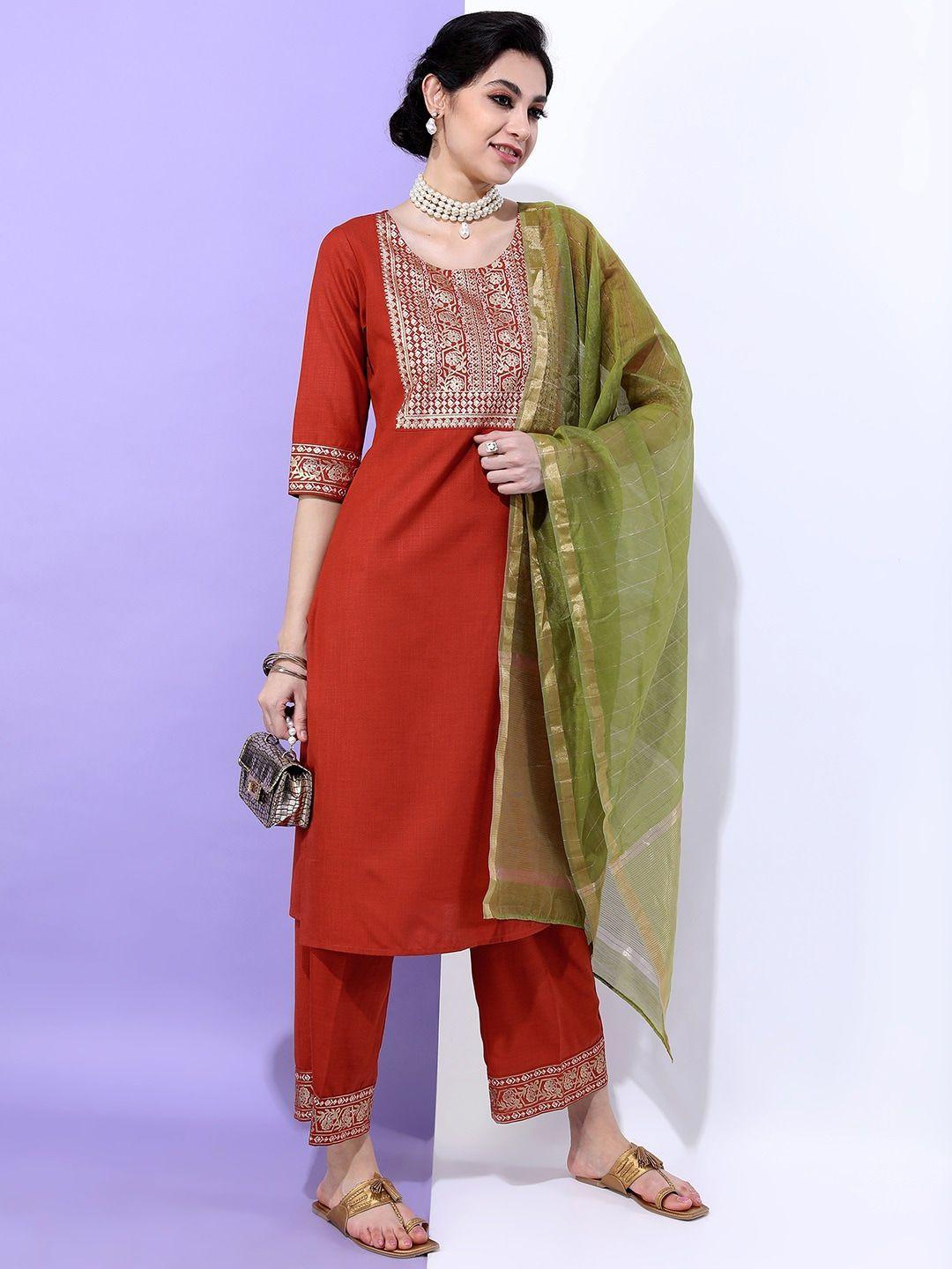 vishudh women rust & green yoke design straight kurta with trousers & with dupatta