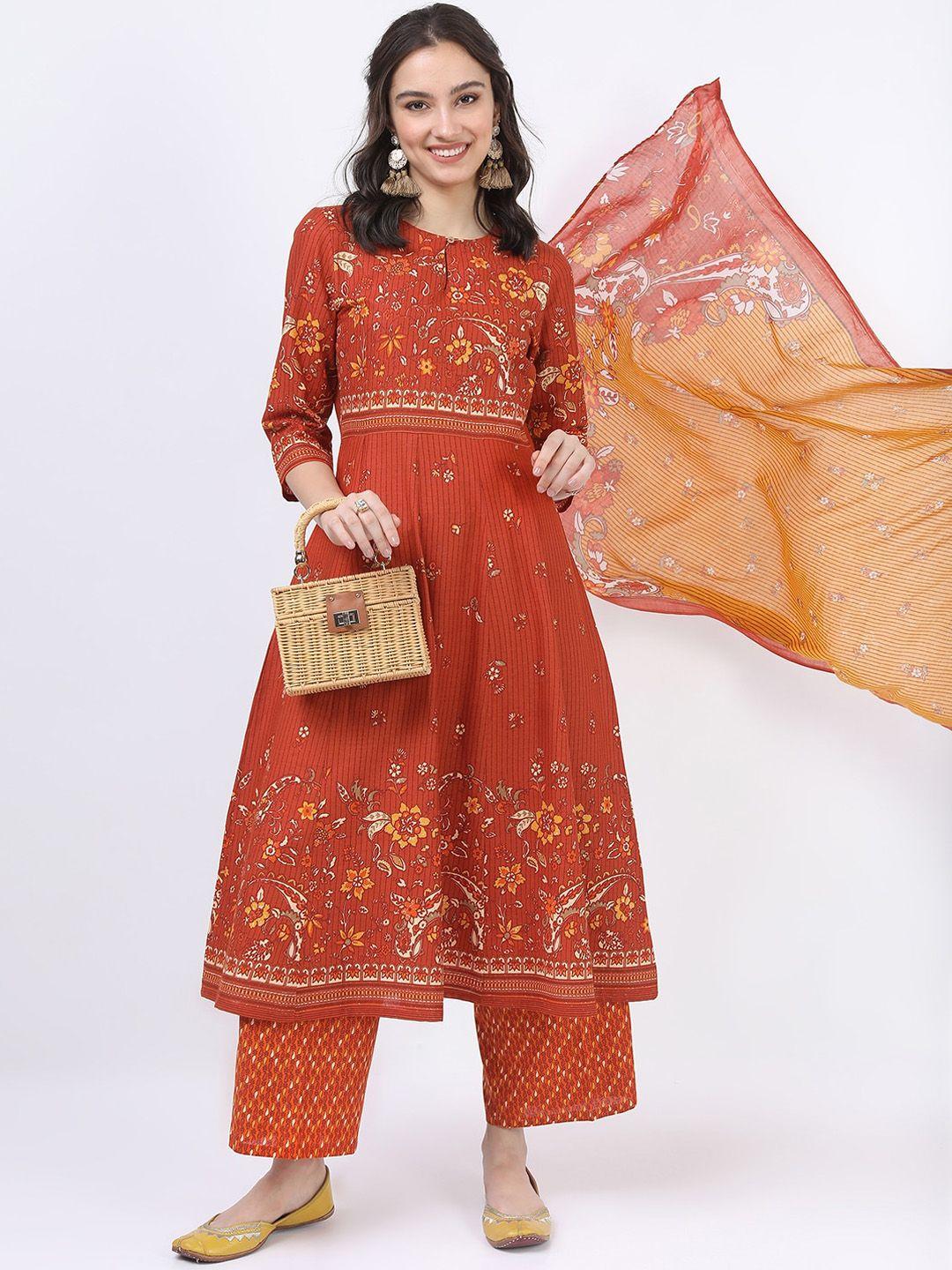 vishudh women rust ethnic motifs printed angrakha pure cotton kurta with palazzos & with dupatta