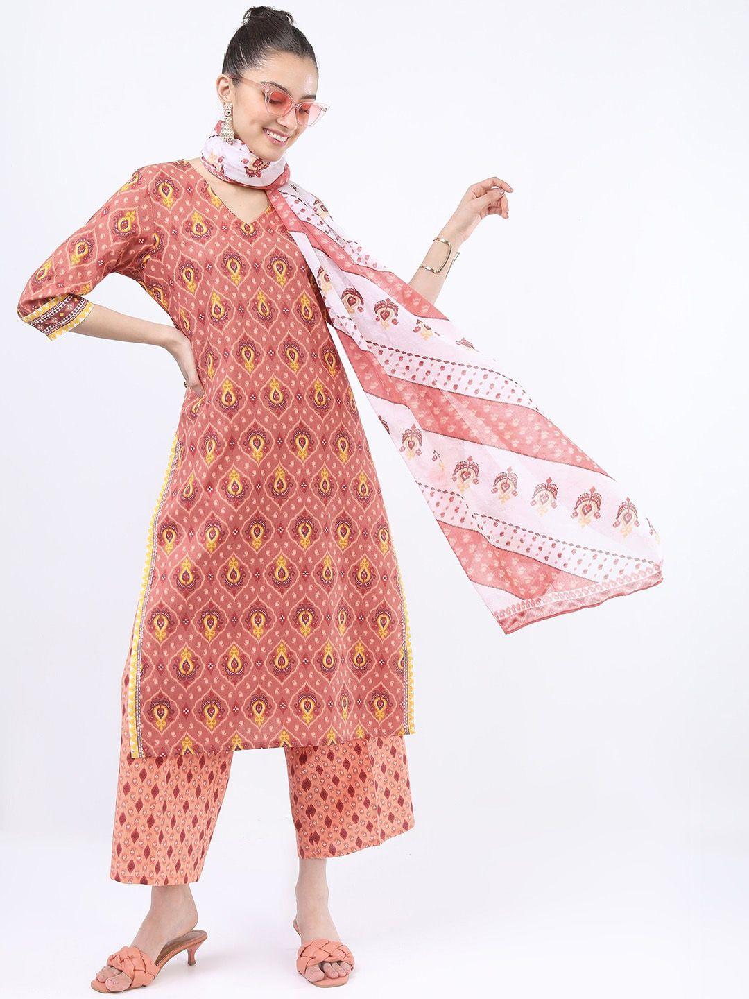 vishudh women rust ethnic motifs printed pure cotton kurta with trousers & with dupatta