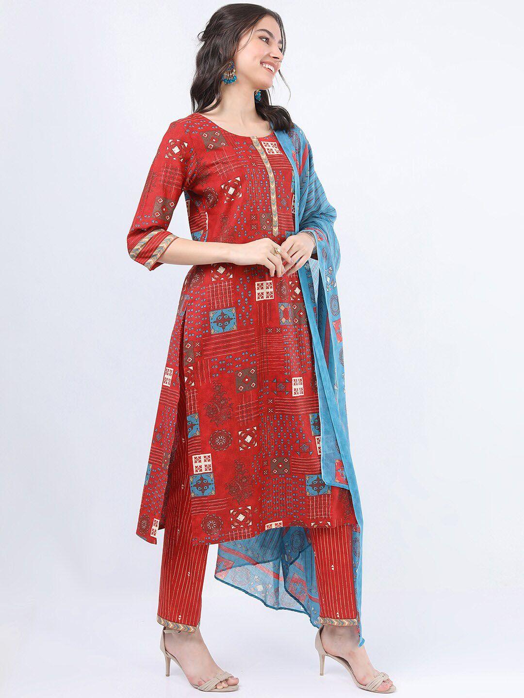 vishudh women rust ethnic motifs straight pure cotton kurta with trousers & with dupatta