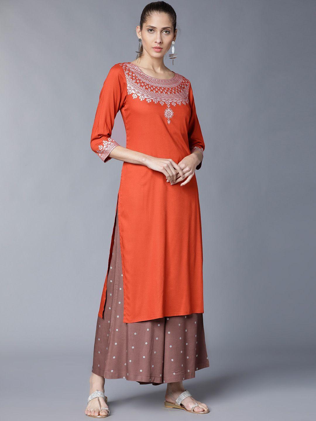vishudh women rust orange & brown printed kurta with palazzos