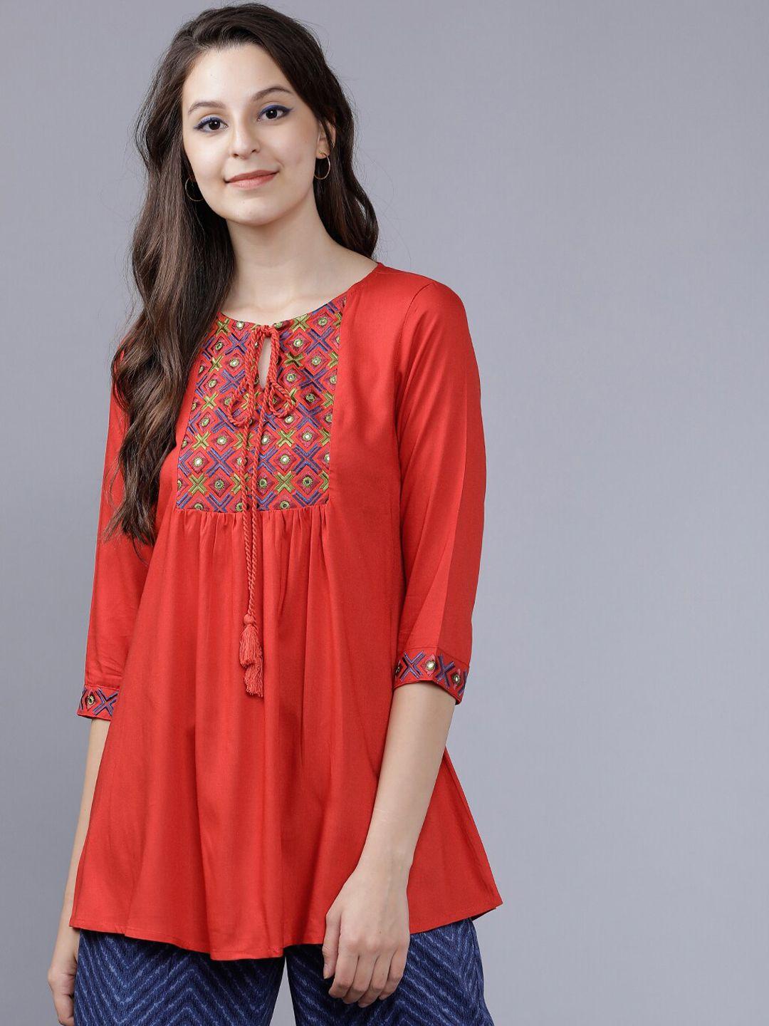 vishudh women rust orange embroidered a-line longline top