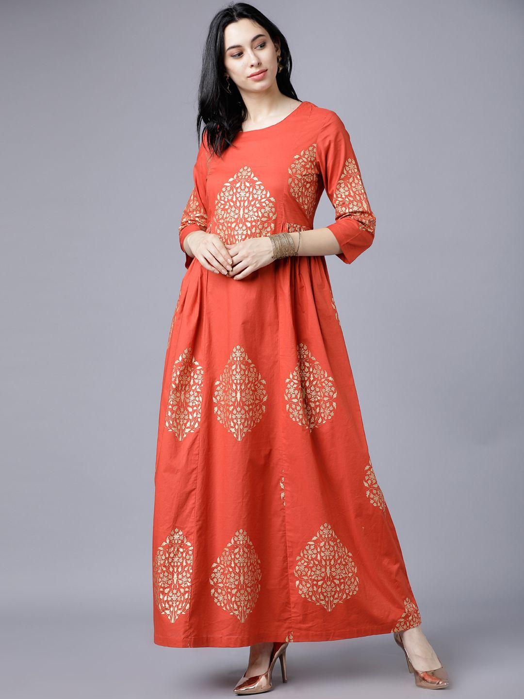vishudh women rust printed maxi dress