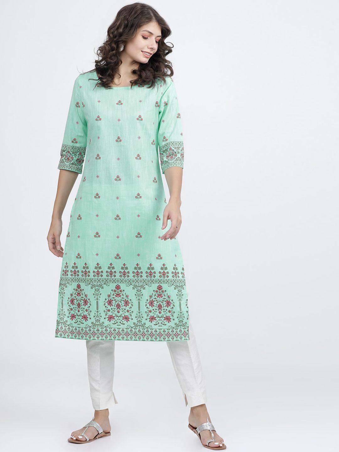 vishudh women sea green ethnic motifs printed cotton kurta