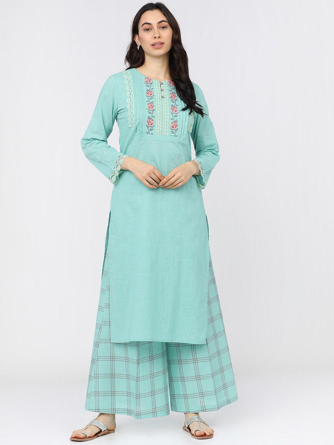 vishudh women sea green floral yoke design empire pure cotton kurta with palazzos