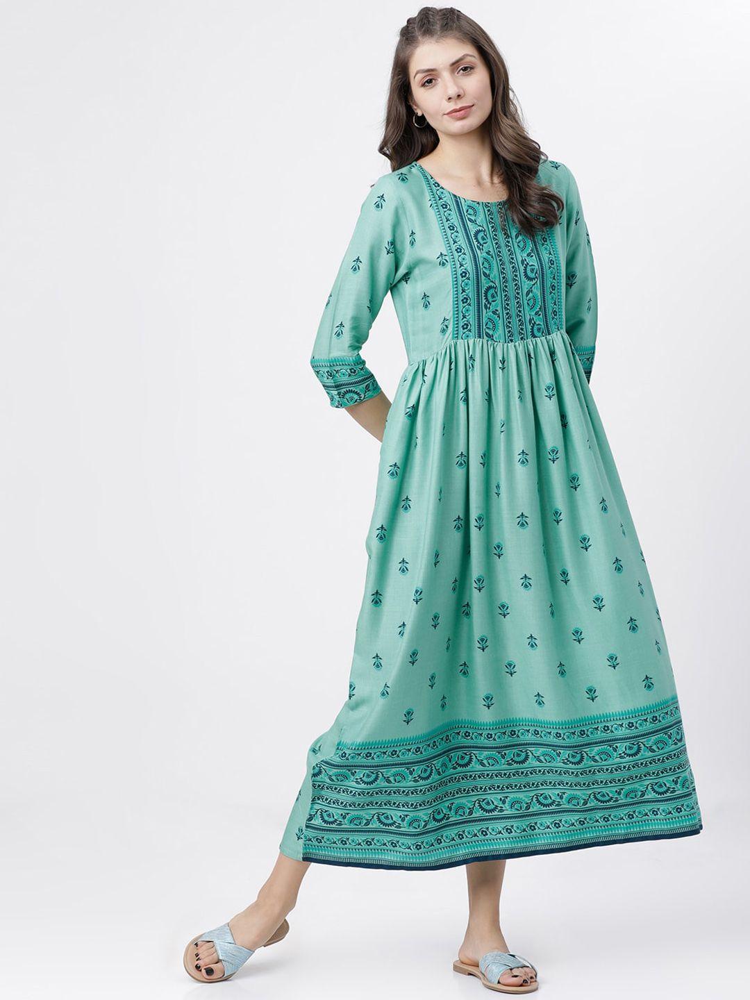 vishudh women sea green printed a-line dress