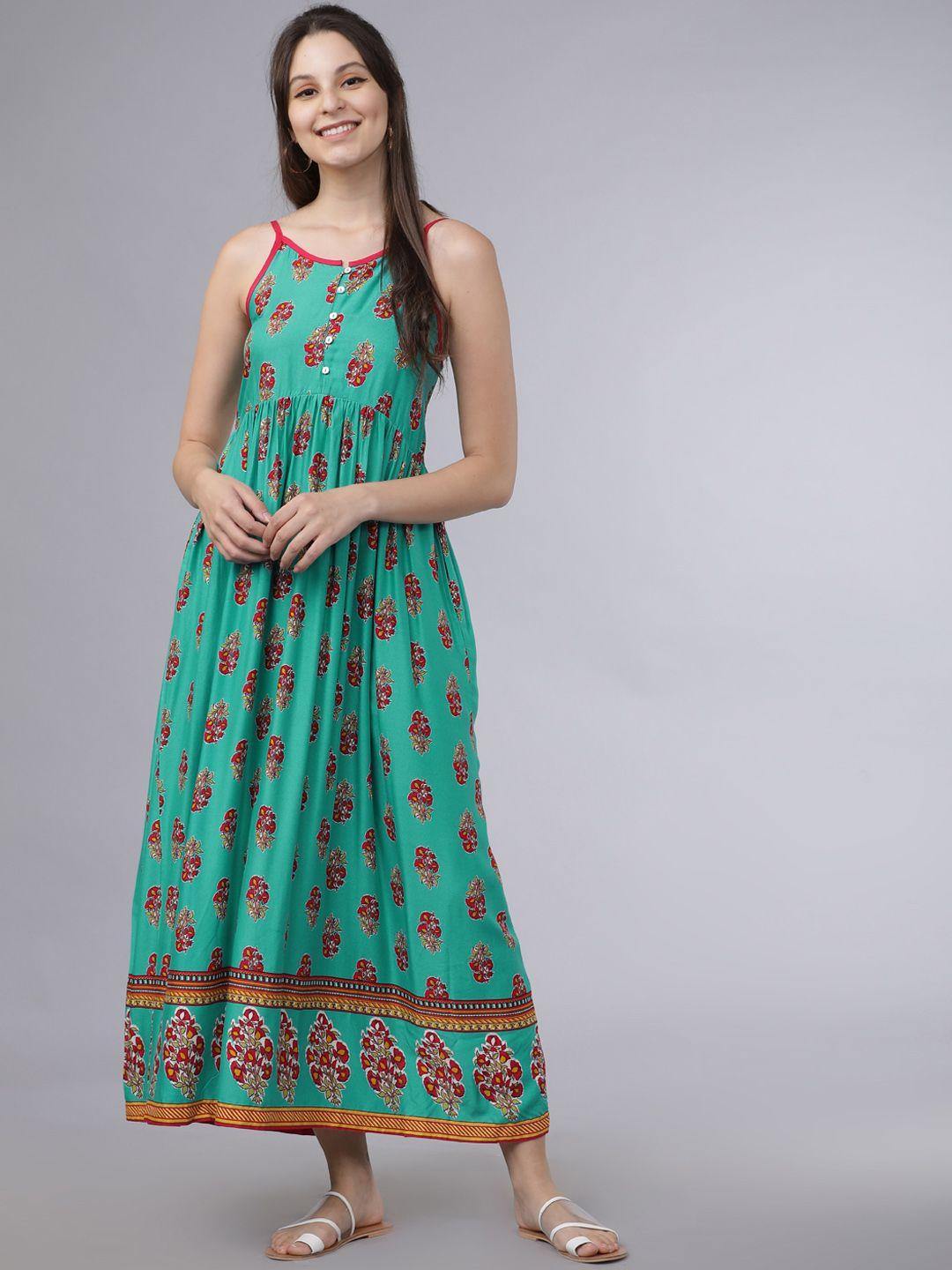 vishudh women sea green printed empire dress