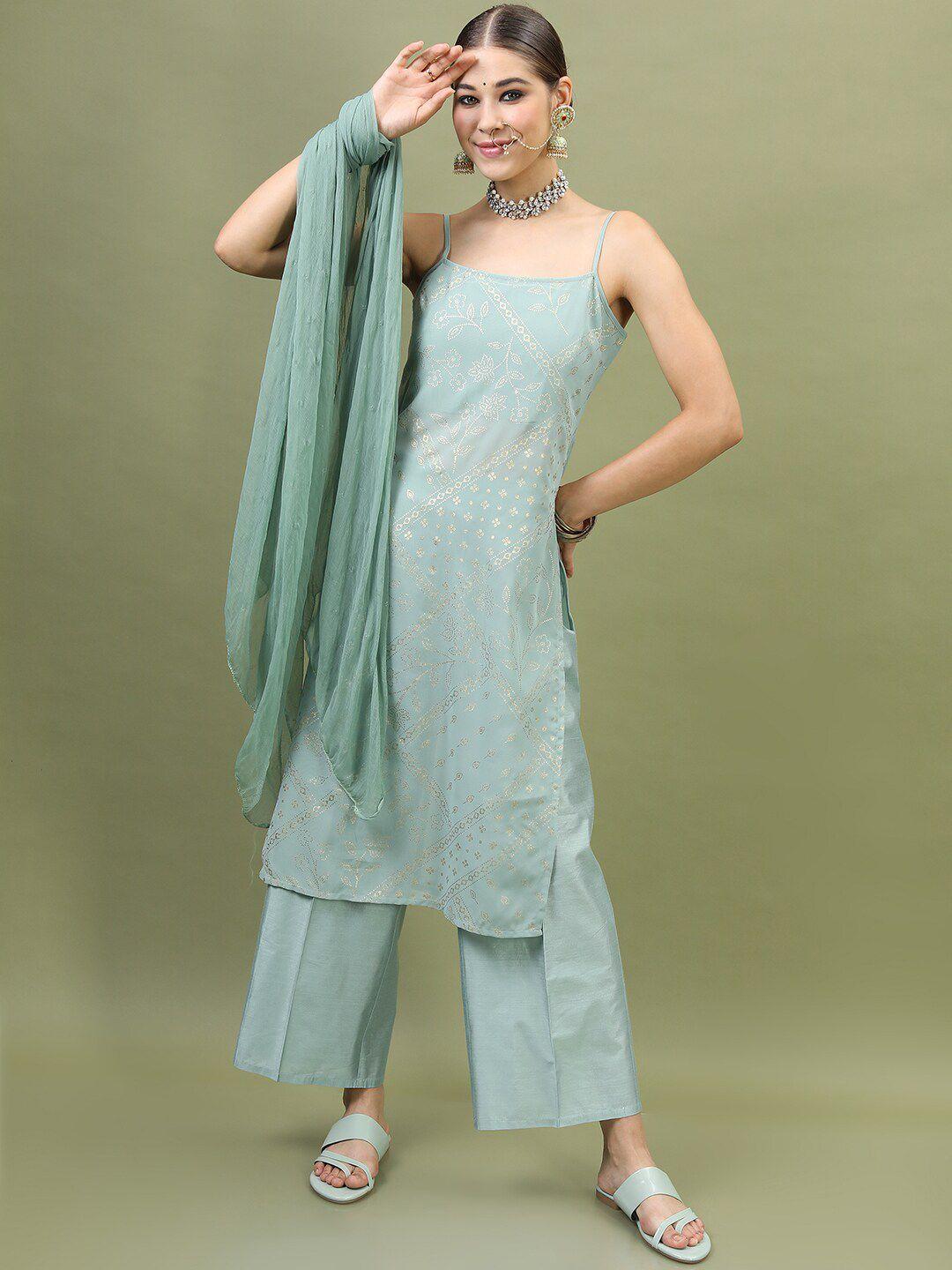 vishudh women sea green solid poly-georgette kurta with trouser and dupatta