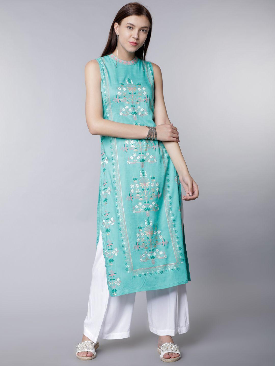 vishudh women sea green solid straight kurta