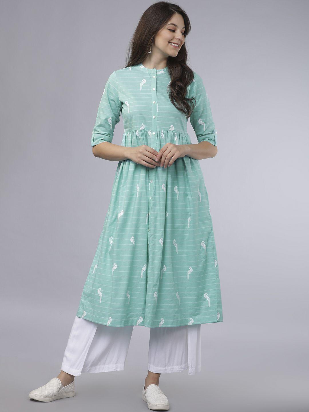 vishudh women sea green striped a-line kurta