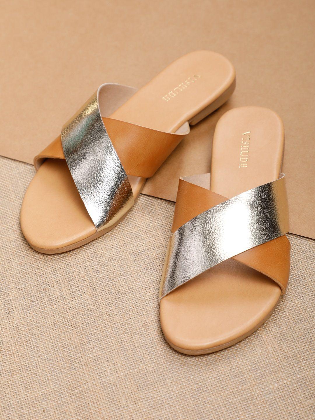 vishudh women silver-toned & tan brown colourblocked open toe flats