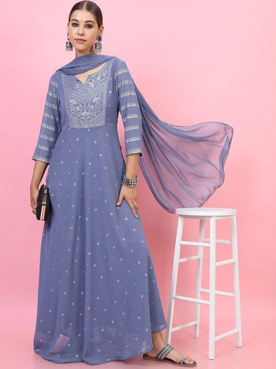 vishudh women stylish blue embellished dress with dupatta set