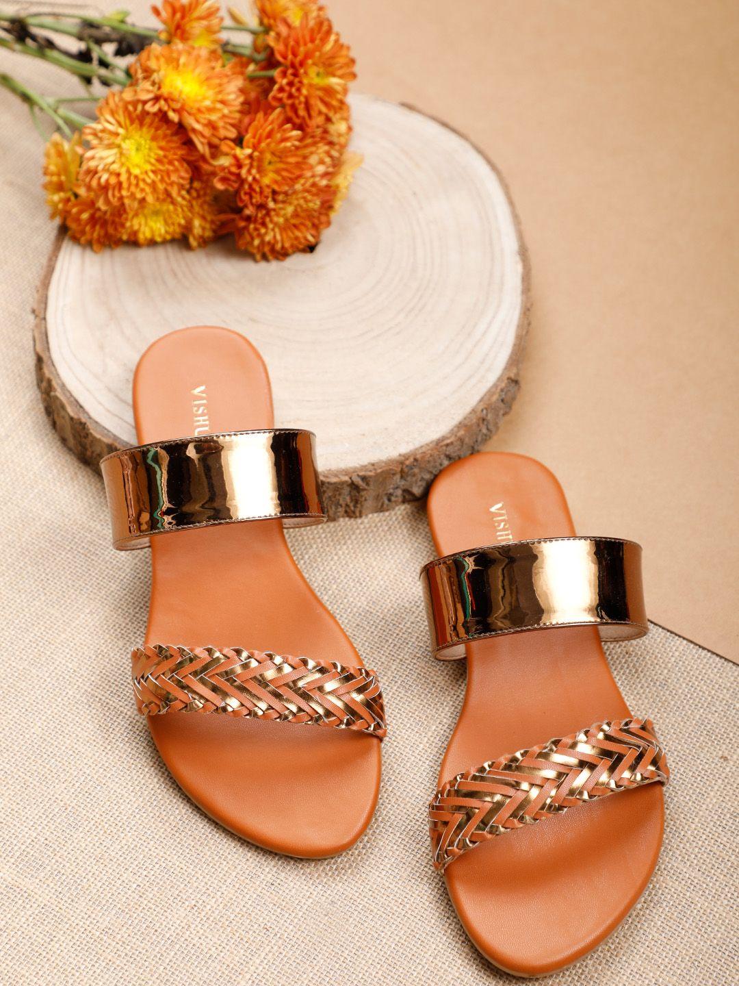 vishudh women tan brown & gold woven design open toe flats