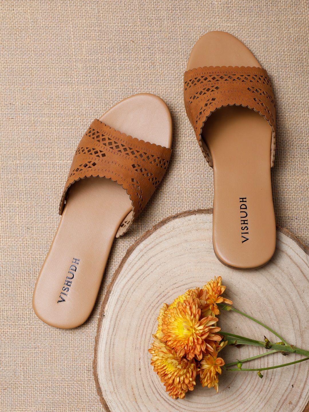 vishudh women tan textured open toe flats