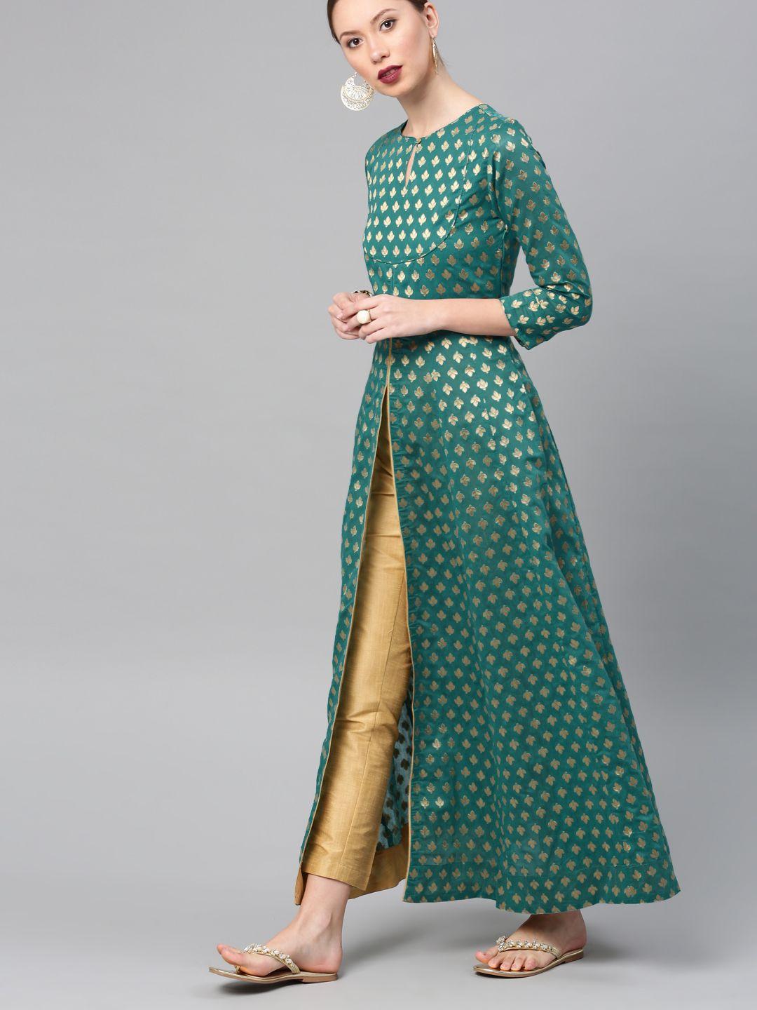 vishudh women teal & gold-toned self design kurta with trousers